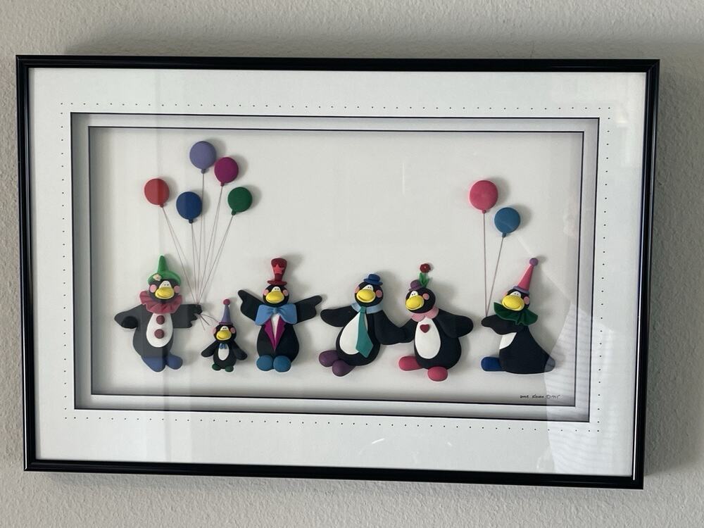 Anne Klocko 1995 Framed 3-D Art Clay Penguins With Balloons 16x24.25”